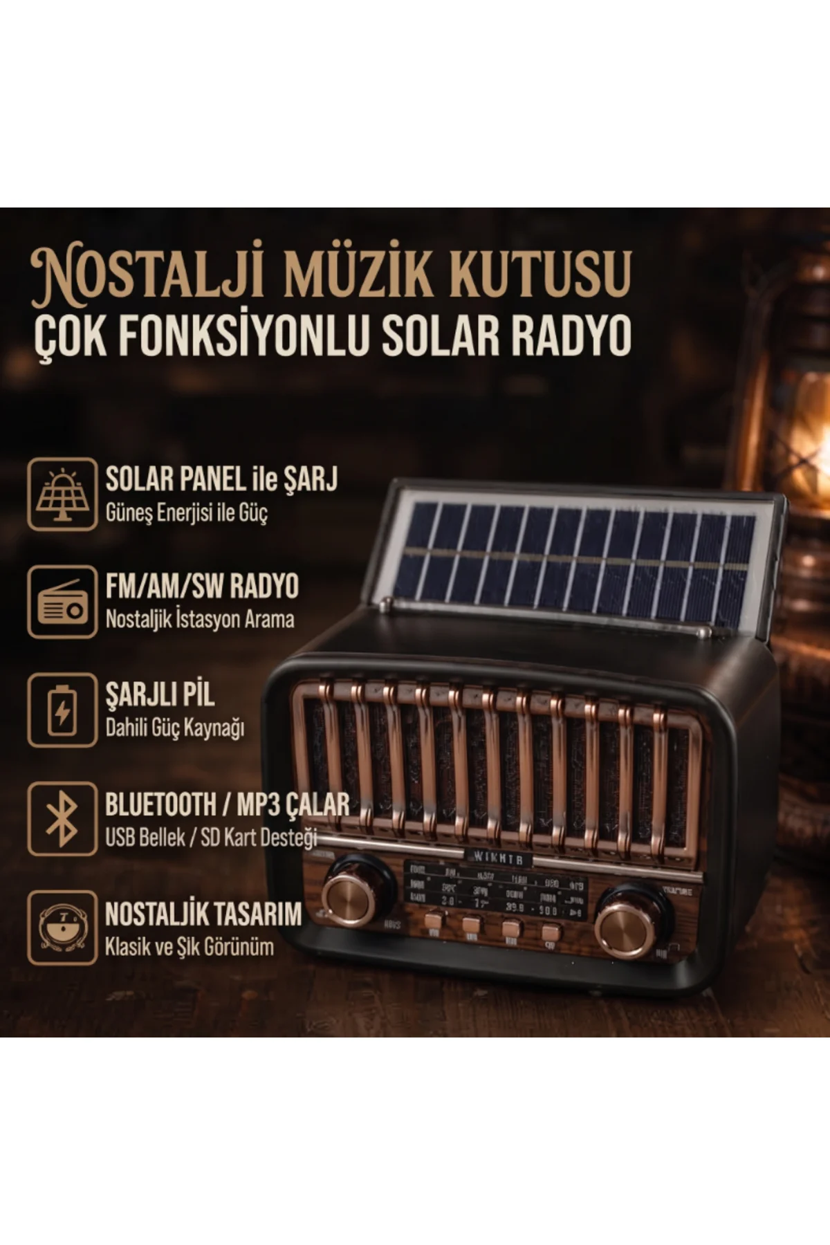 Solar Panelli FM Radyo - Şarjlı - Bluetooth Özellikli - AUX Girişli - Nostaljik Tasarım - Görsel 2
