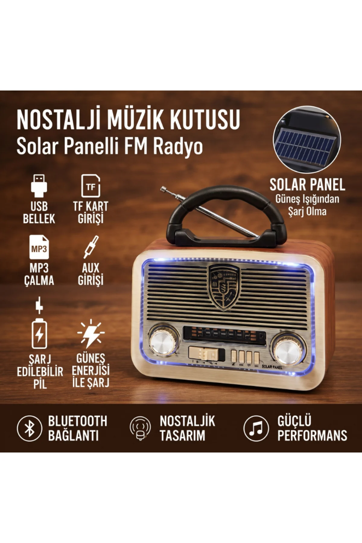 Solar Panelli LED Fenerli FM Radyo - Nostaljik Tasarım - Şarjlı - Bluetooth Özellikli Solar Panelli LED Fenerli FM Radyo - Nostaljik Tasarım - Şarjlı - Bluetooth Özellikli - Görsel 2