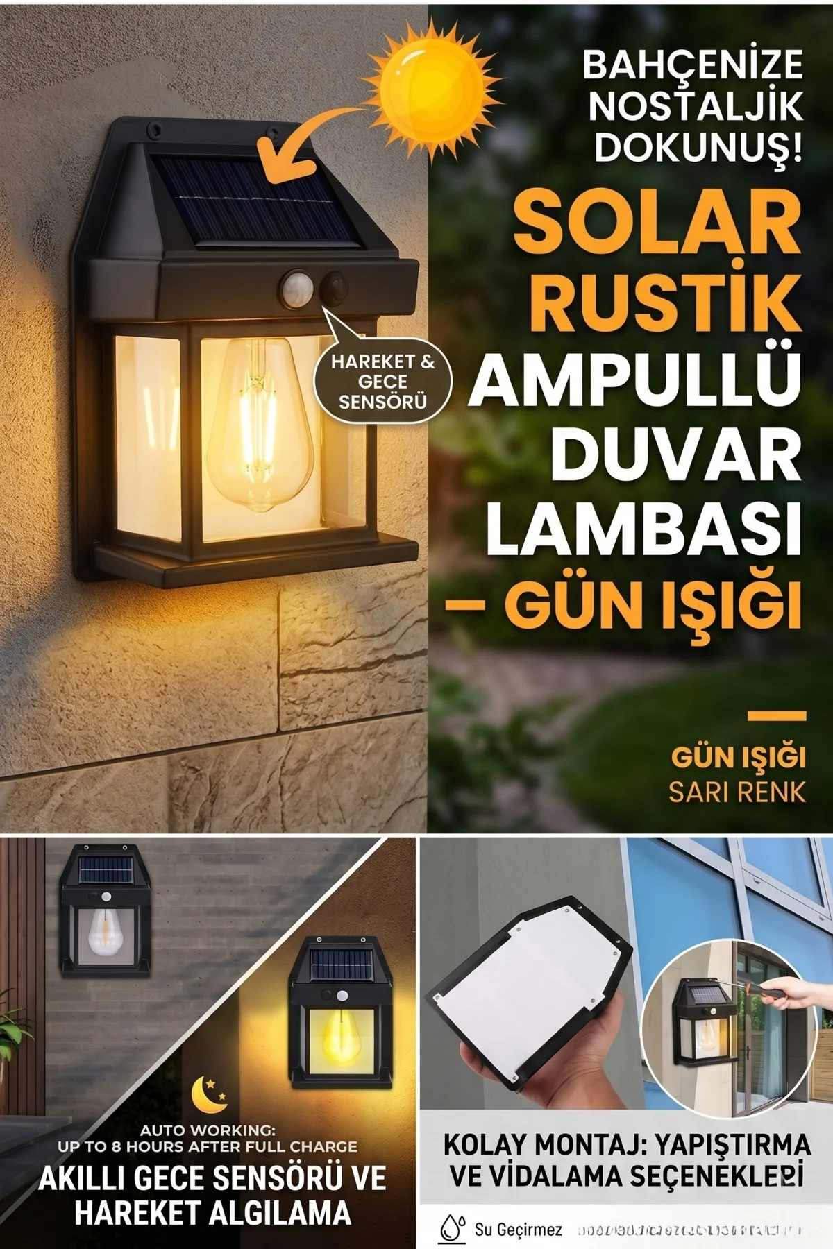 Solar Rustik Led Ampullü Bahçe Duvar Lambası Gün Işığı Su Geçirme