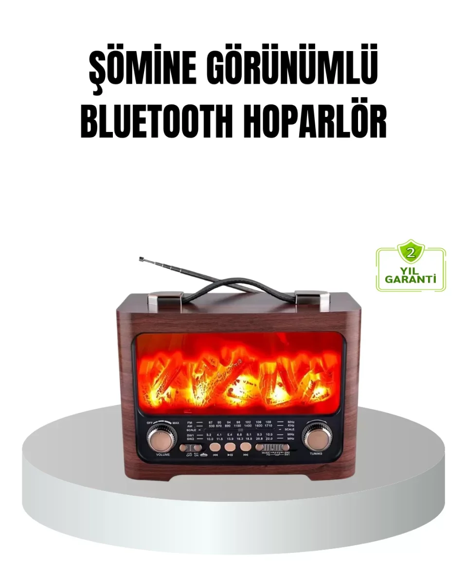 Solar Şarjlı Şömine Alev Efektli Bluetooth Hoparlör 7W Taşınabili