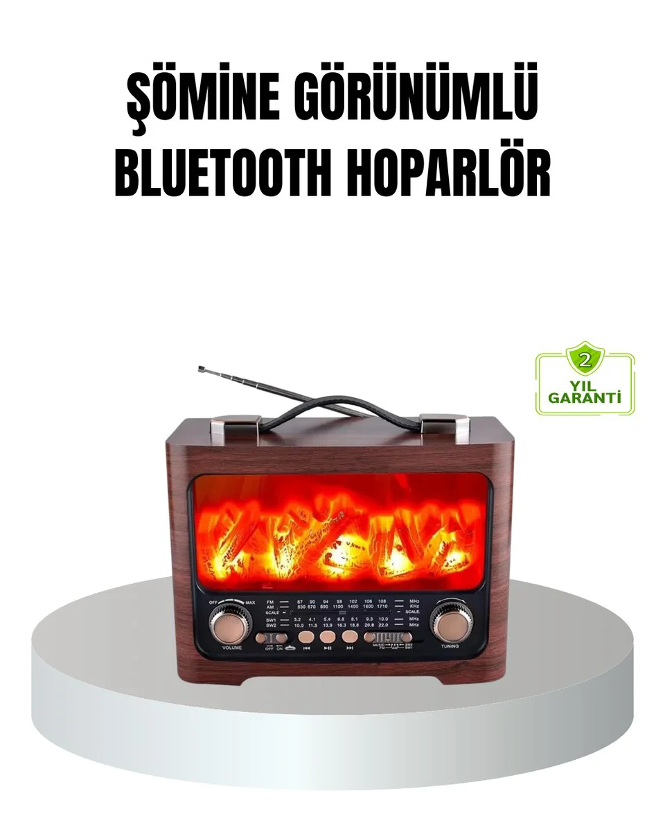 Solar Şarjlı Şömine Alev Efektli Bluetooth Hoparlör 7W - Taşınabilir Ses Sistemi