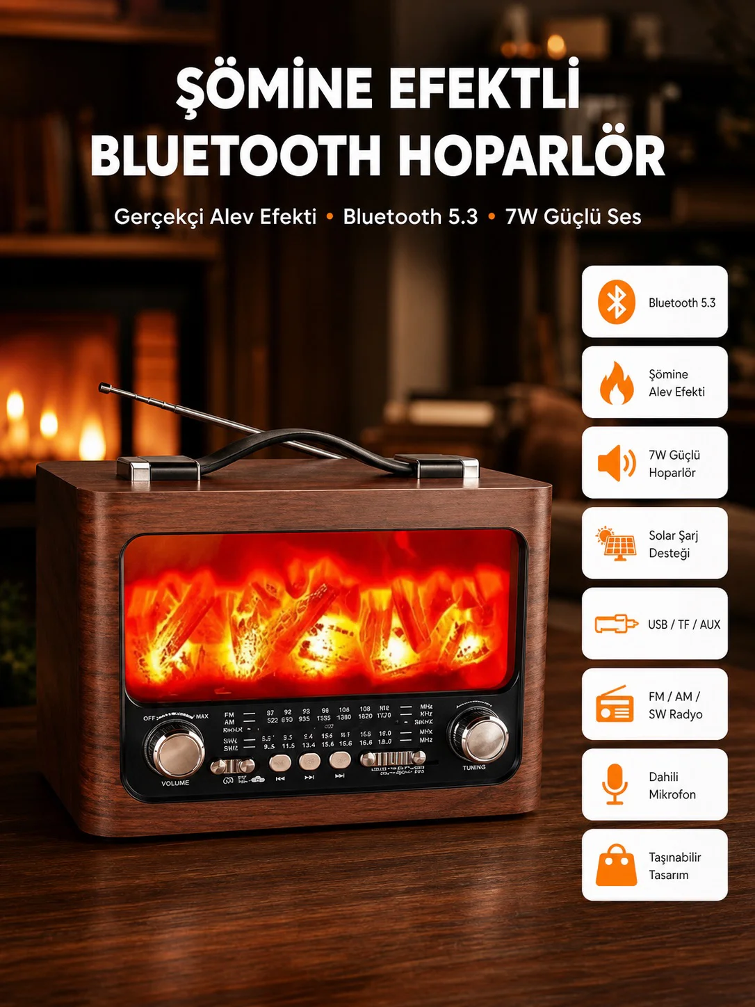 Solar Şarjlı Şömine Işıklı Bluetooth Hoparlör – Radyo, USB, TF Kart Destekli Solar Şarjlı Şömine Işıklı Bluetooth Hoparlör – Radyo, USB, TF Kart Destekli