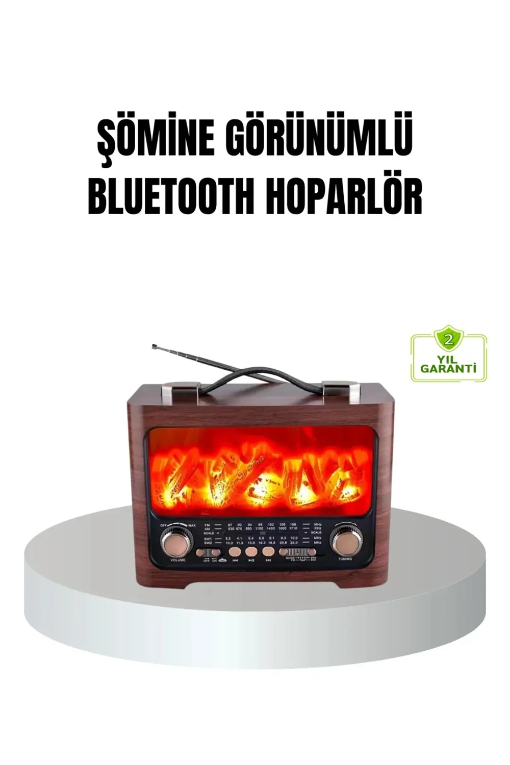 Solar Şarjlı Şömine Alev Efektli Bluetooth Hoparlör 7W Taşınabili