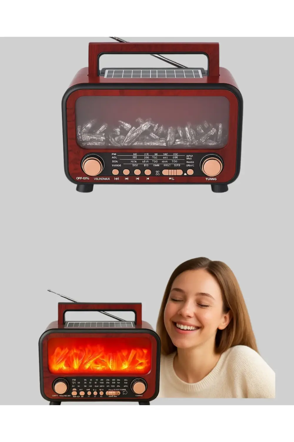 Solar Şarjlı Şömine Işıklı Bluetooth Hoparlör – Radyo, USB, TF Ka