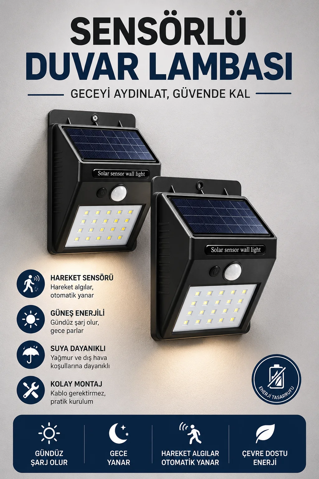 Solar Sensörlü Duvar Lambası Bahçe Lamba 20 Led Işık