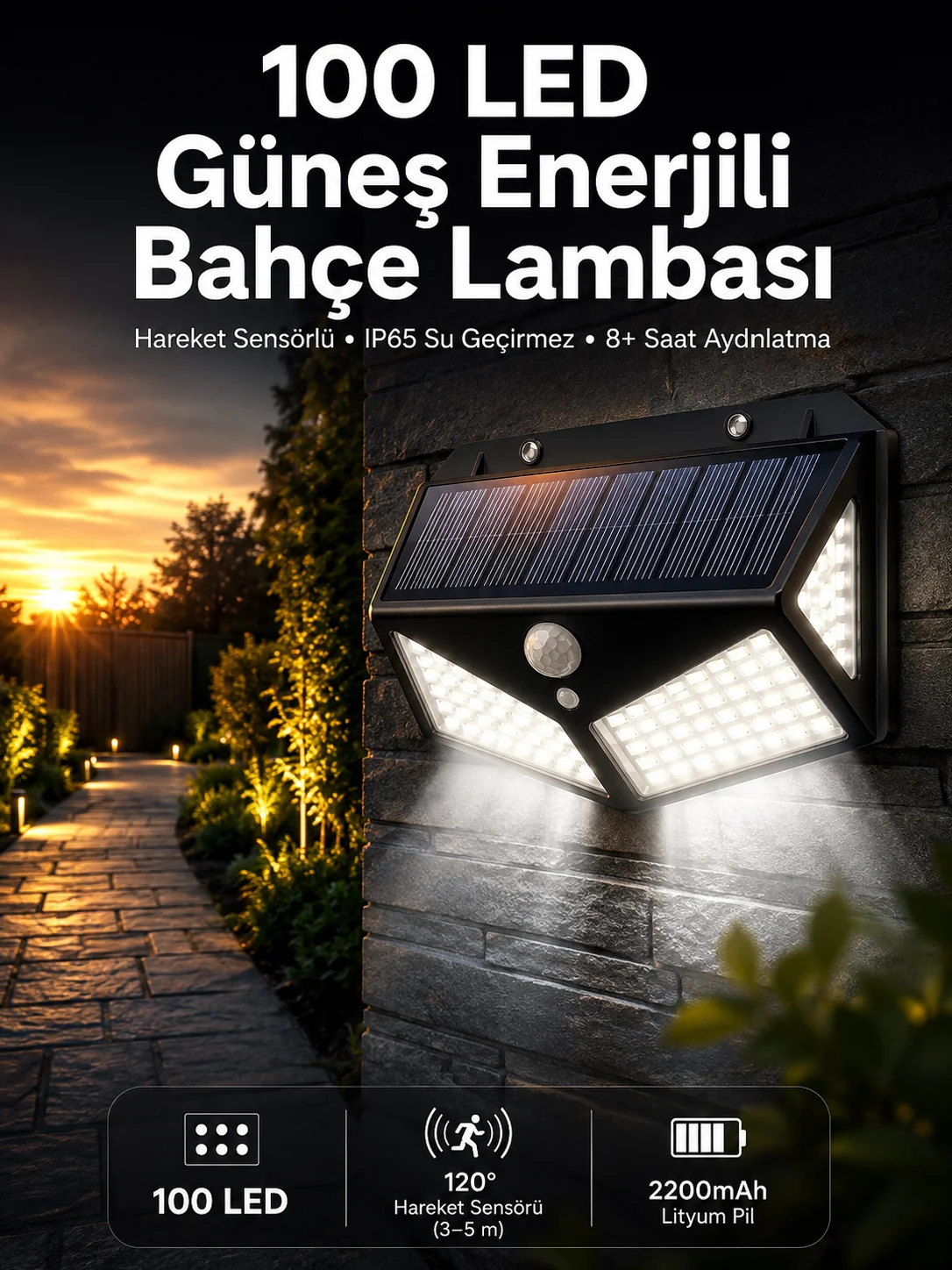 Solar Sensörlü Duvar Lambası Bahçe Lambası Parlak Beyaz Işık Suya Dayanıklı