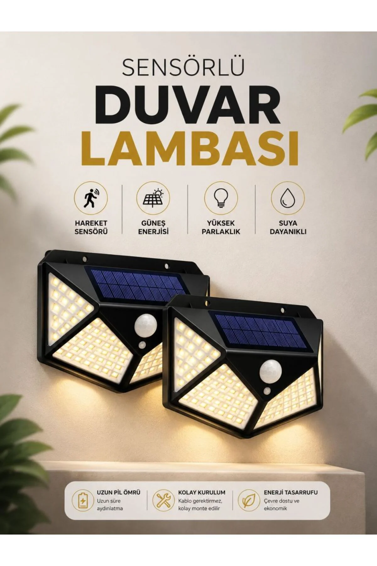 Solar Sensörlü Duvar Lambası Bahçe Lambaso Parlak Beyaz Işık Suya Dayanıklı
