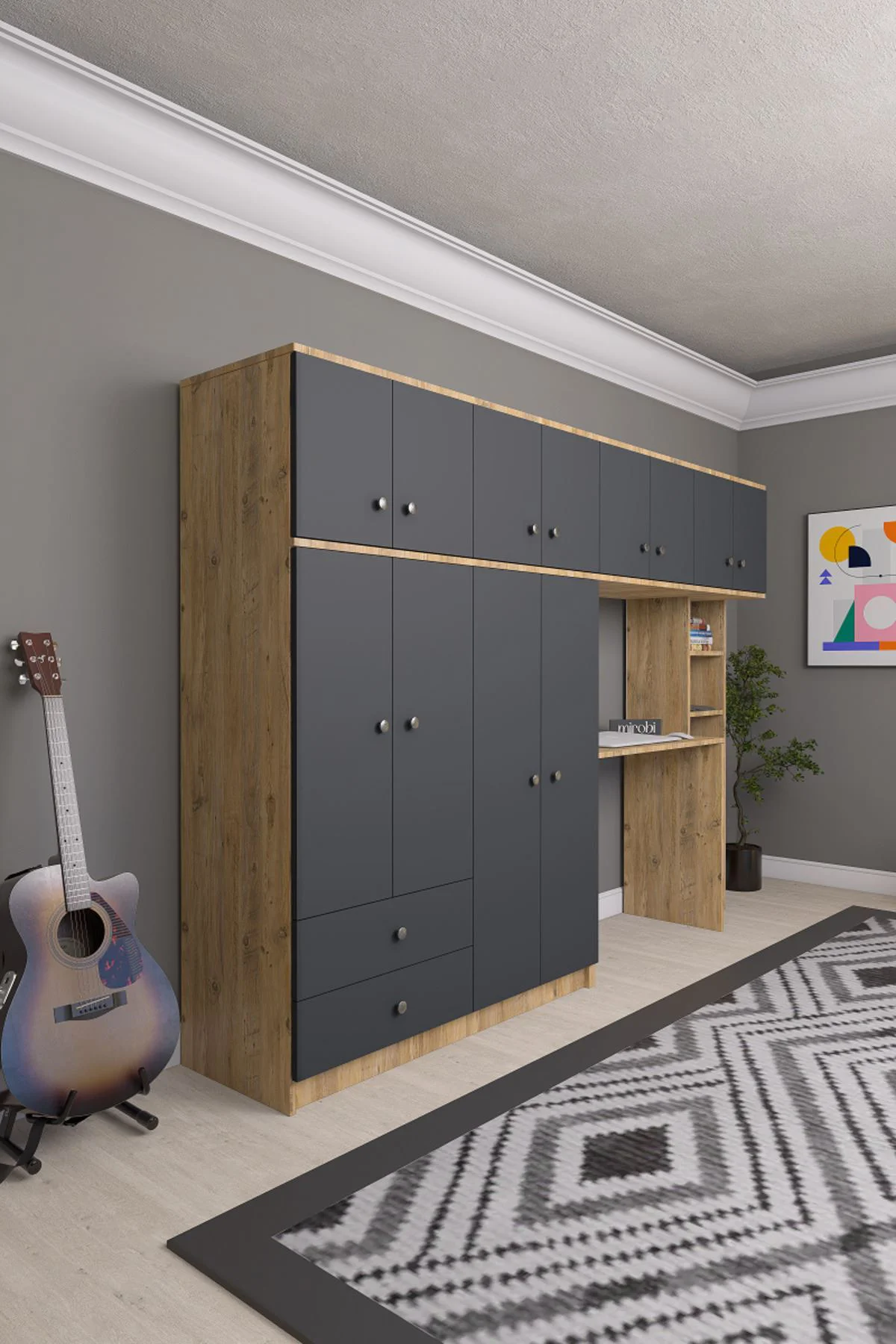 Solvio Kitaplıklı Çalışma Masası Gardırop Ünitesi Ön Antrasit Göv