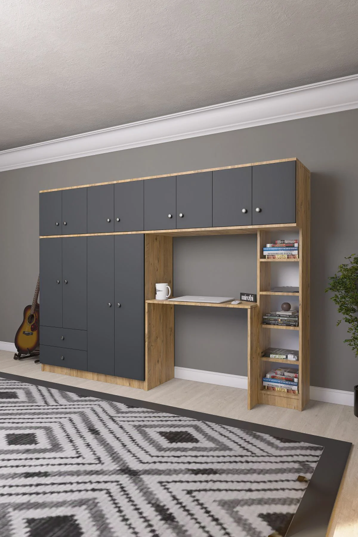 Solvio Kitaplıklı Çalışma Masası Gardırop Ünitesi Ön Antrasit Göv