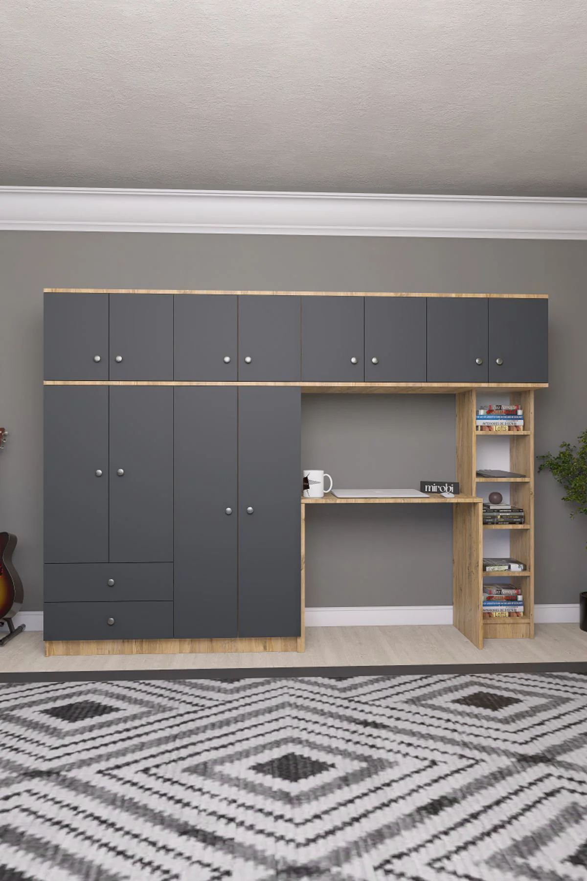 Solvio Kitaplıklı Çalışma Masası Gardırop Ünitesi Ön Antrasit Göv