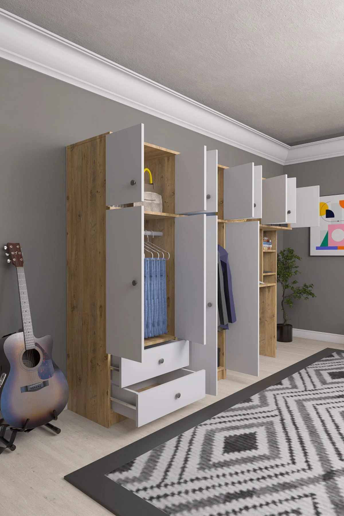 Solvio Kitaplıklı Çalışma Masası Gardırop Ünitesi Ön Beyaz Gövde 