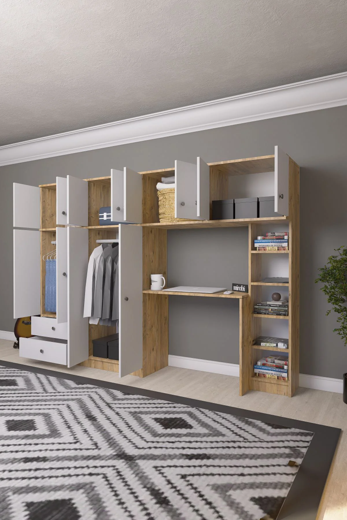 Solvio Kitaplıklı Çalışma Masası Gardırop Ünitesi Ön Beyaz Gövde 