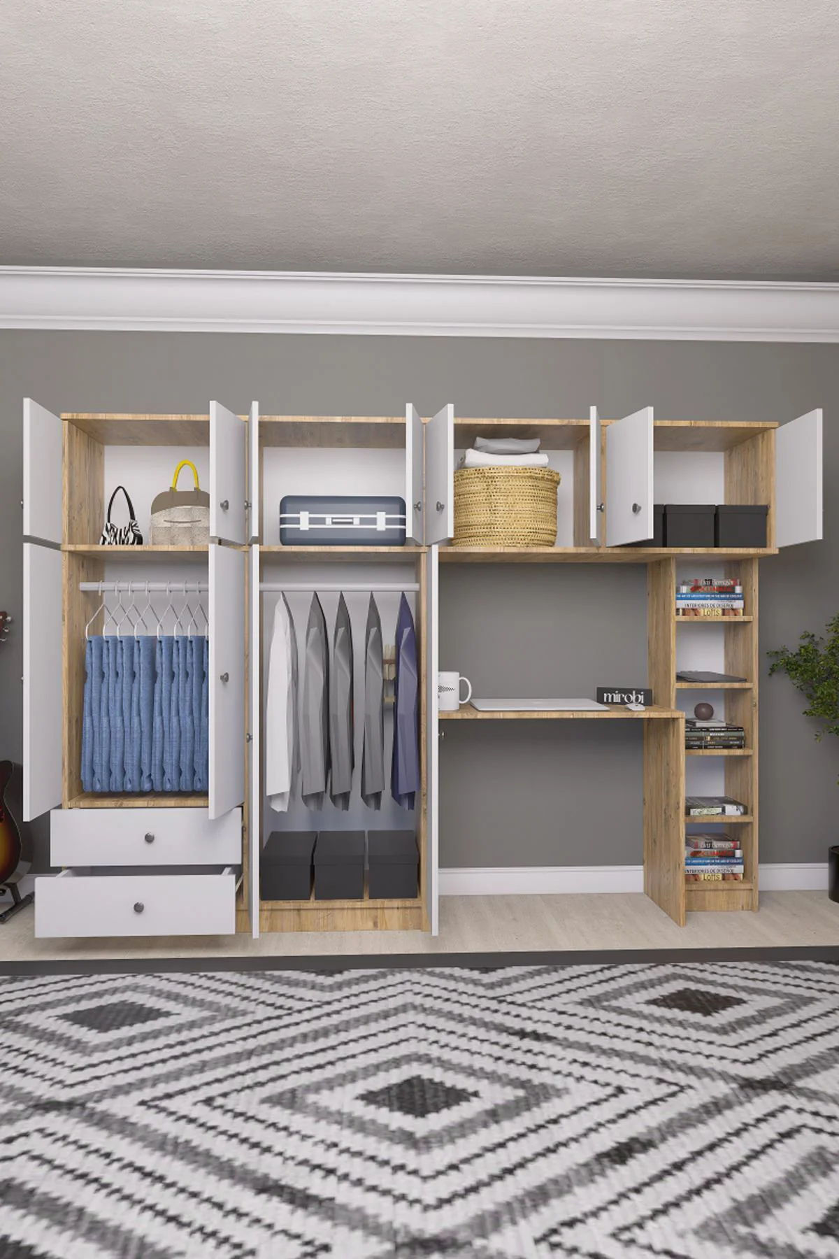 Solvio Kitaplıklı Çalışma Masası Gardırop Ünitesi Ön Beyaz Gövde 