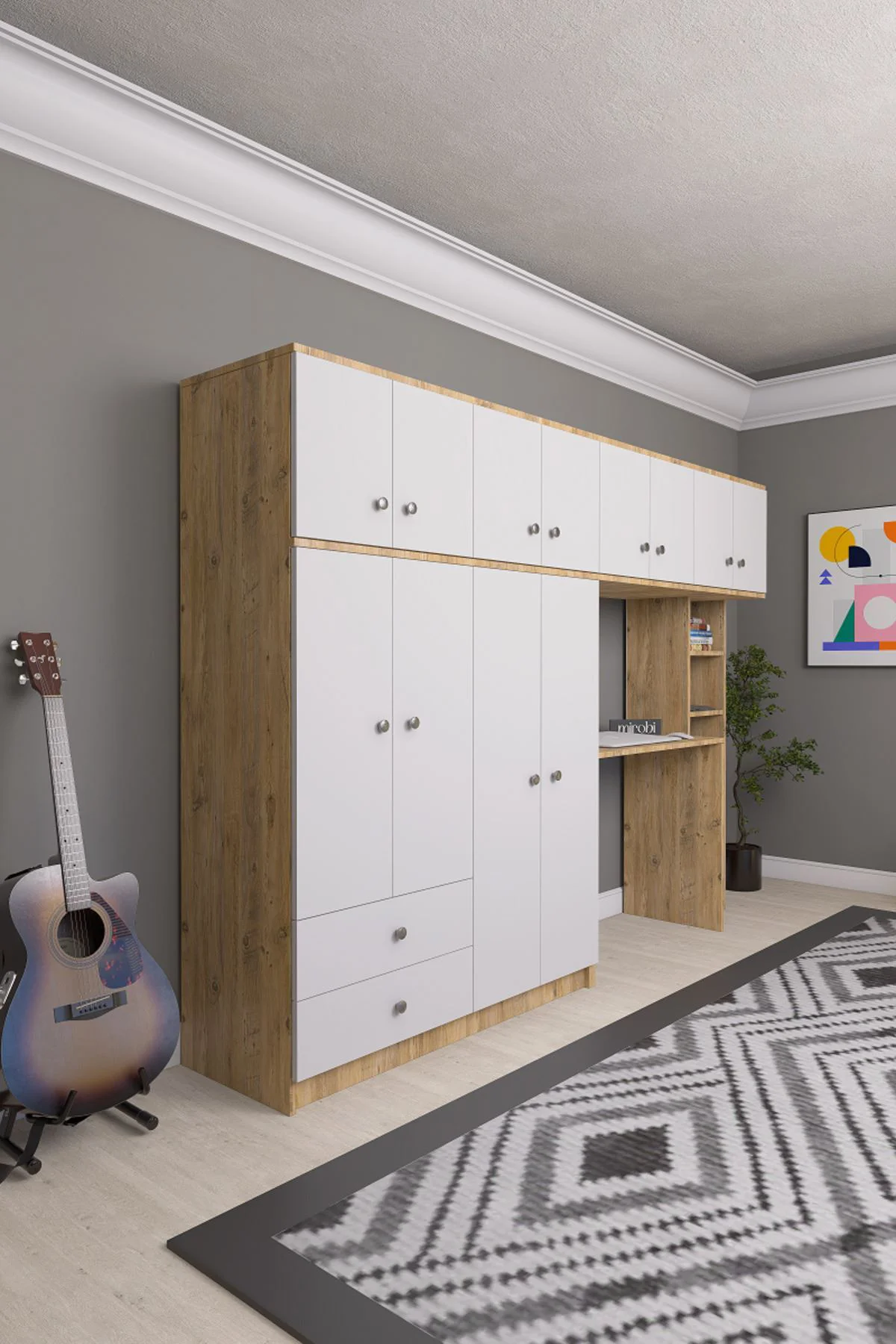 Solvio Kitaplıklı Çalışma Masası Gardırop Ünitesi Ön Beyaz Gövde 