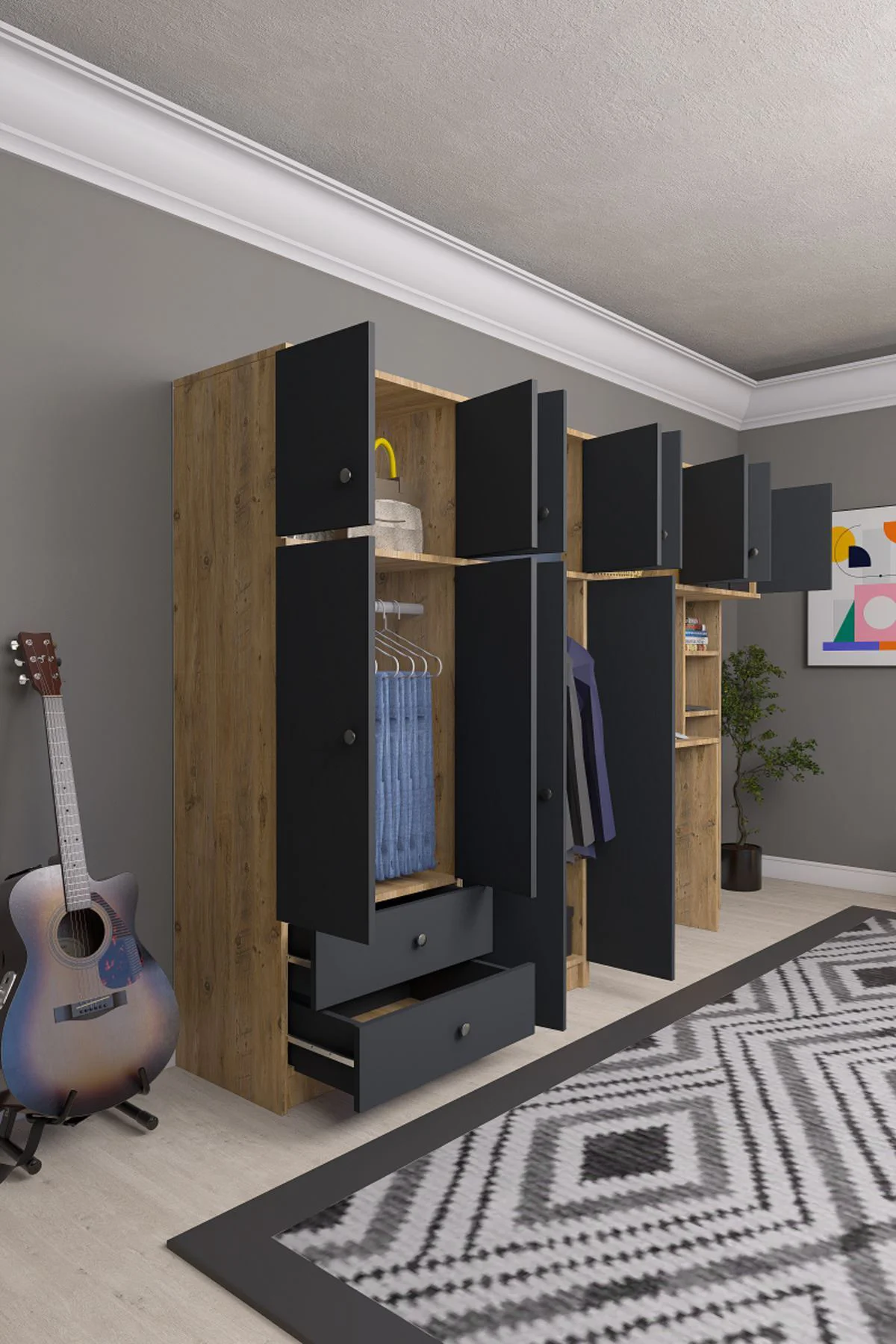 Solvio Kitaplıklı Çalışma Masası Gardırop Ünitesi Ön Antrasit Göv