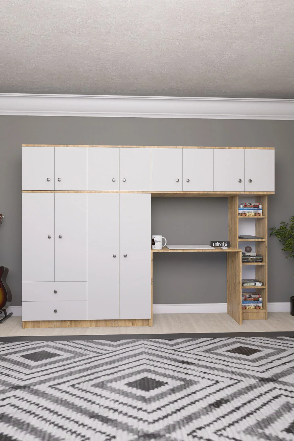 Solvio Kitaplıklı Çalışma Masası Gardırop Ünitesi Ön Beyaz Gövde 