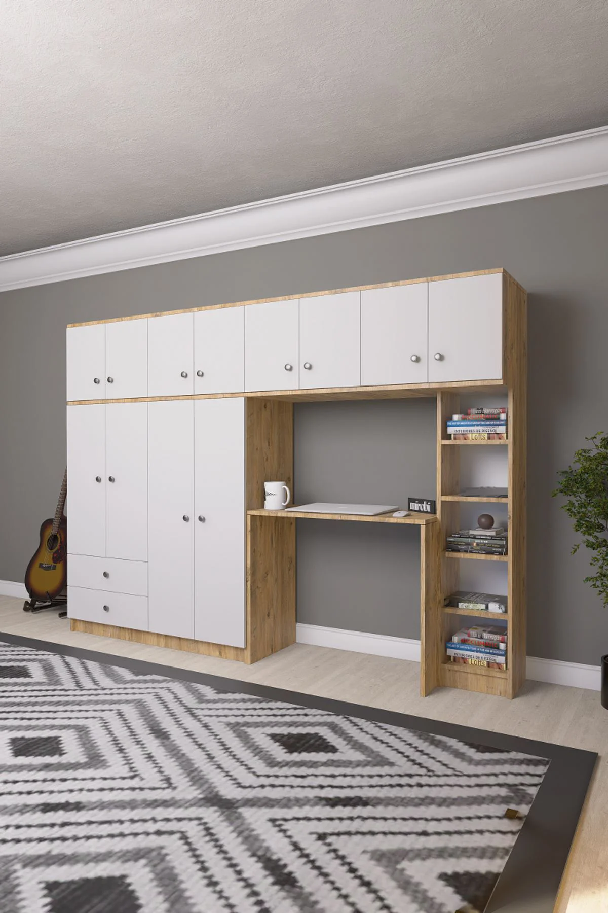 Solvio Kitaplıklı Çalışma Masası Gardırop Ünitesi Ön Beyaz Gövde 