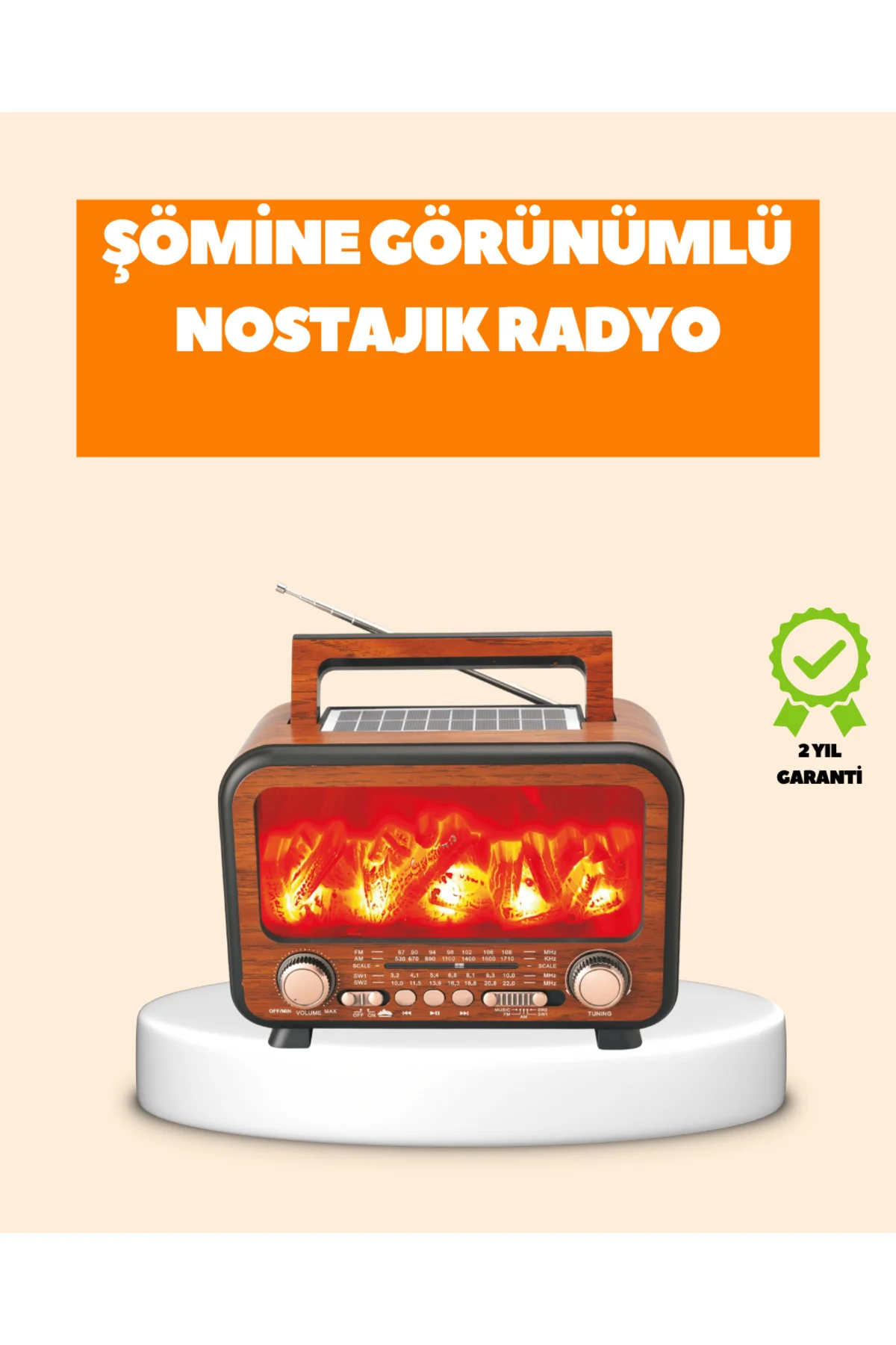 Şömine Alev Işıklı Solar Bluetooth Hoparlör – 7W Güçlü Ses, FM Radyo