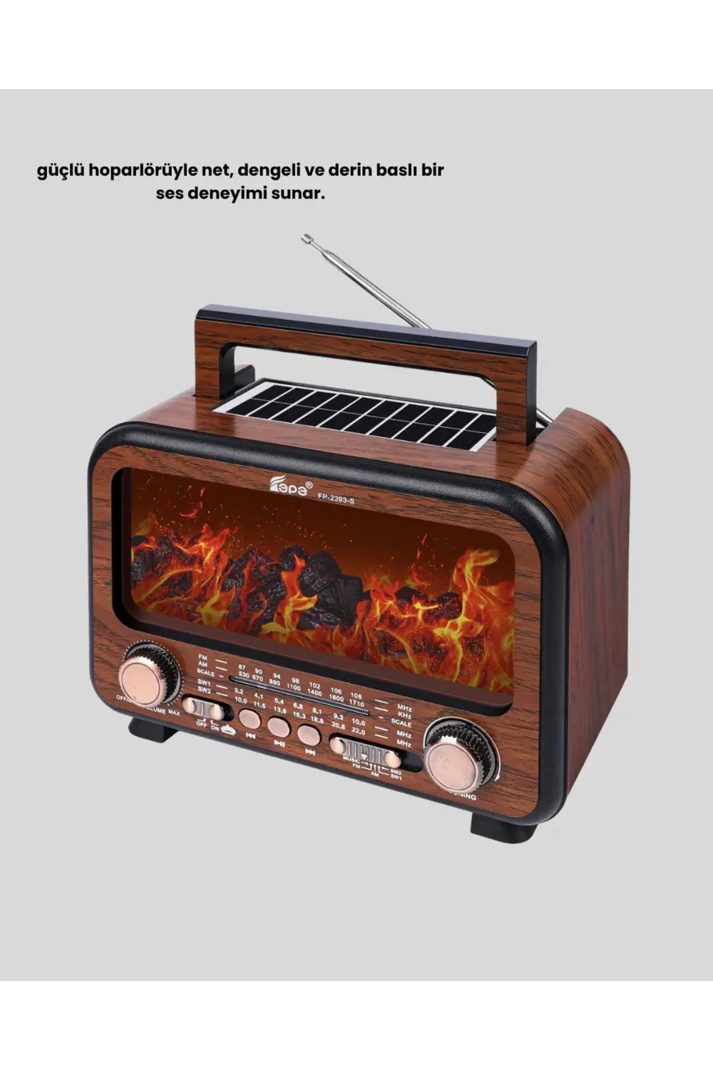 Şömine Efektli Solar Hoparlör Bluetooth 5.3 Ra AUX USB TF Destekl