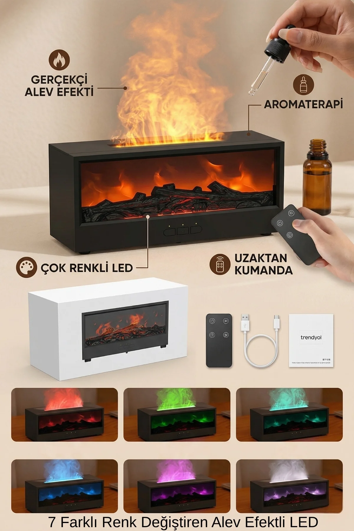 Şömine Görünümlü Alev Efektli Hava Nemlendirici - 7 Renk LED Işık