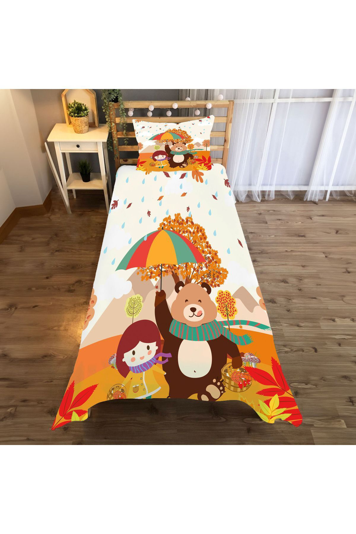 Evan Home Sonbahar Desenli Çocuk Odasi Takim Perde (İki Kanat),Yatak Örtüsü,Yastik,Kirlent ,Hali,Tablo