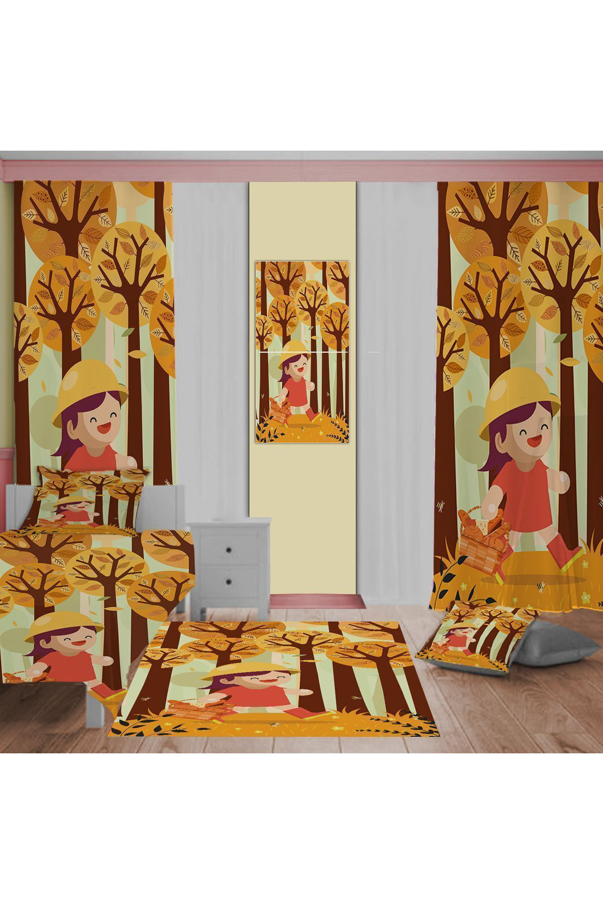 Evan Home Sonbahar Desenli Çocuk Odasi Takim Perde (İki Kanat),Yatak Örtüsü,Yastik,Kirlent ,Hali,Tablo