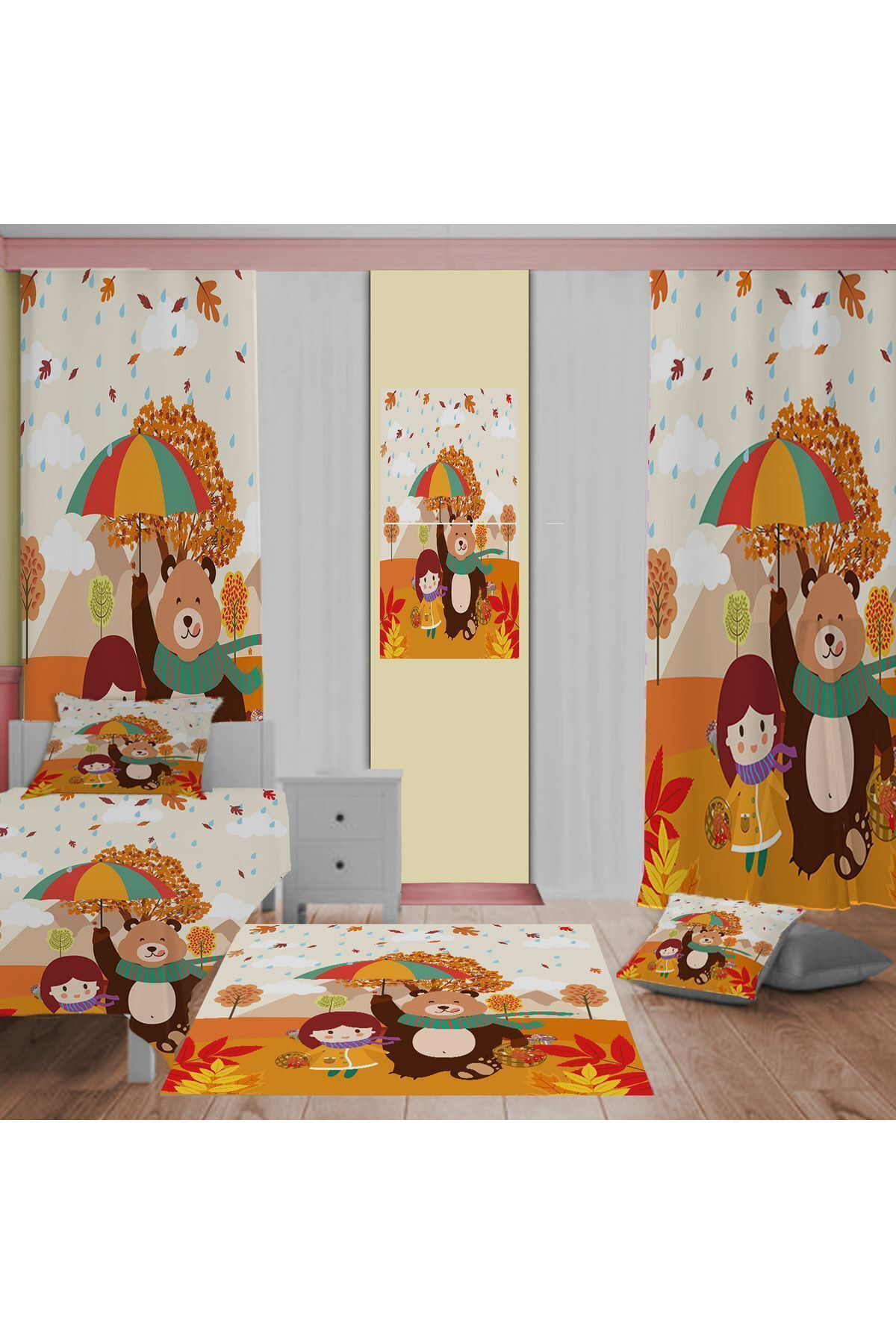 Evan Home Sonbahar Desenli Çocuk Odasi Takim Perde (İki Kanat),Yatak Örtüsü,Yastik,Kirlent ,Hali,Tablo