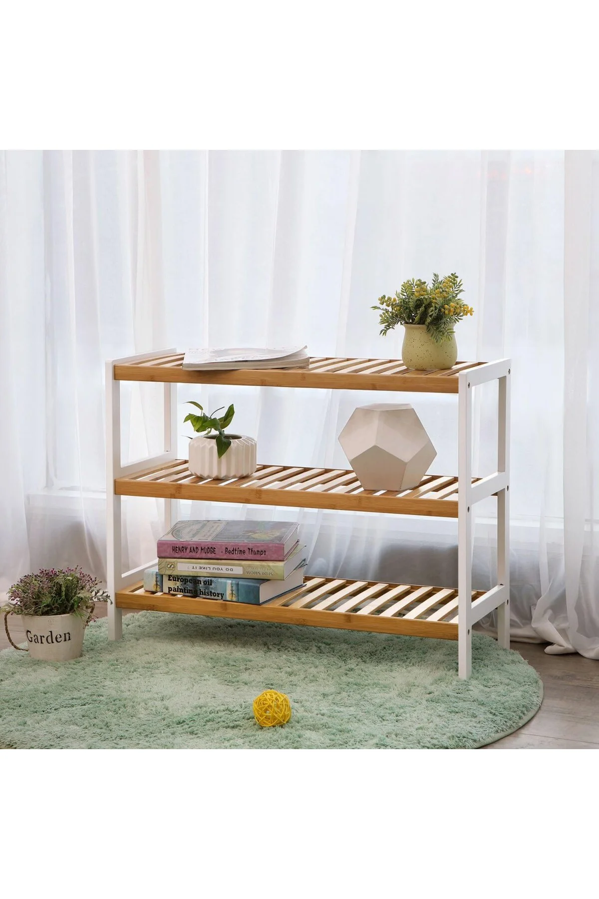 SONGMICS Bambu Ayakkabı Rafı, 3 Katlı Ayakkabılık, Giriş Alanı, Koridor, Doğal Renkte-Beyaz