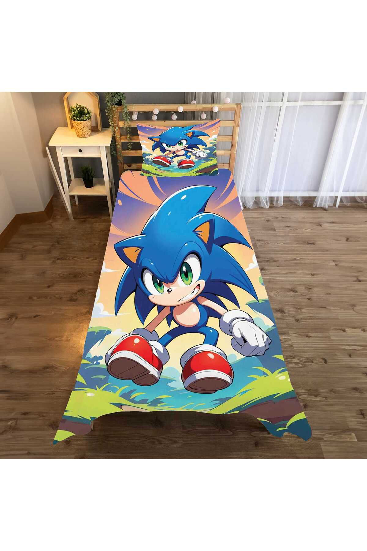 Evan Home Sonic 3D Baskılı  Desen Çocuk Odası Takım Perde (İki Kanat),Yatak Örtüsü,Yastık,Kırlent ,Halı,