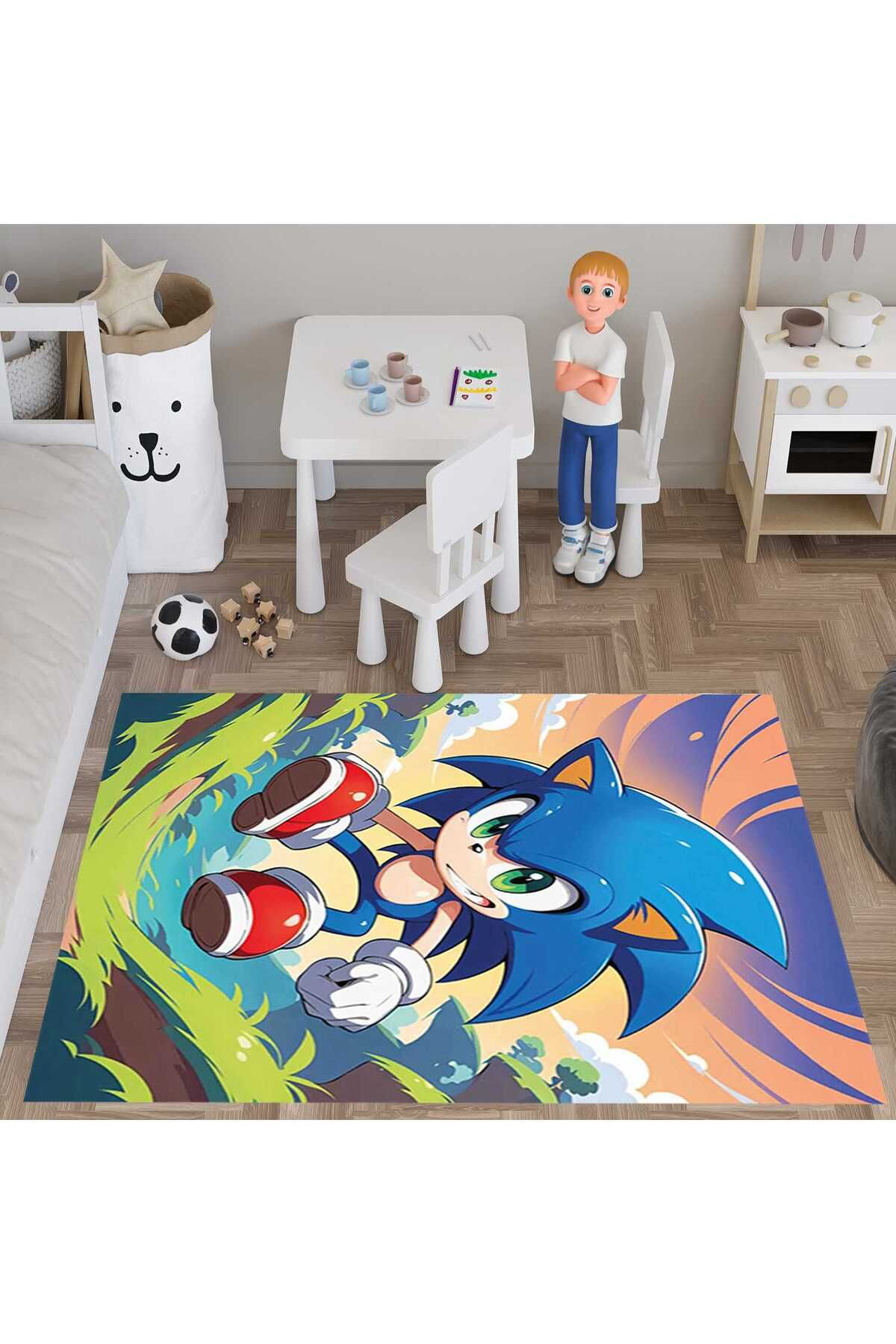 Evan Home Sonic 3D Baskılı  Desen Çocuk Odası Takım Perde (İki Kanat),Yatak Örtüsü,Yastık,Kırlent ,Halı,