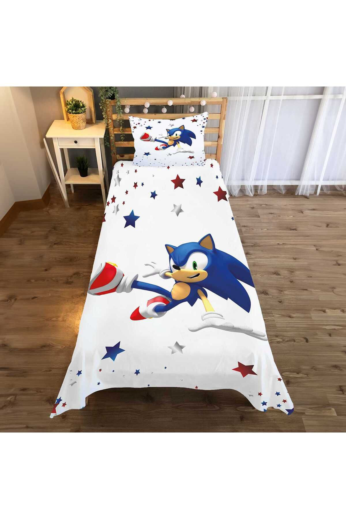 Evan Home Sonic 3D Baskılı  Desen Çocuk Odası Takım Perde (İki Kanat),Yatak Örtüsü,Yastık,Kırlent ,Halı,