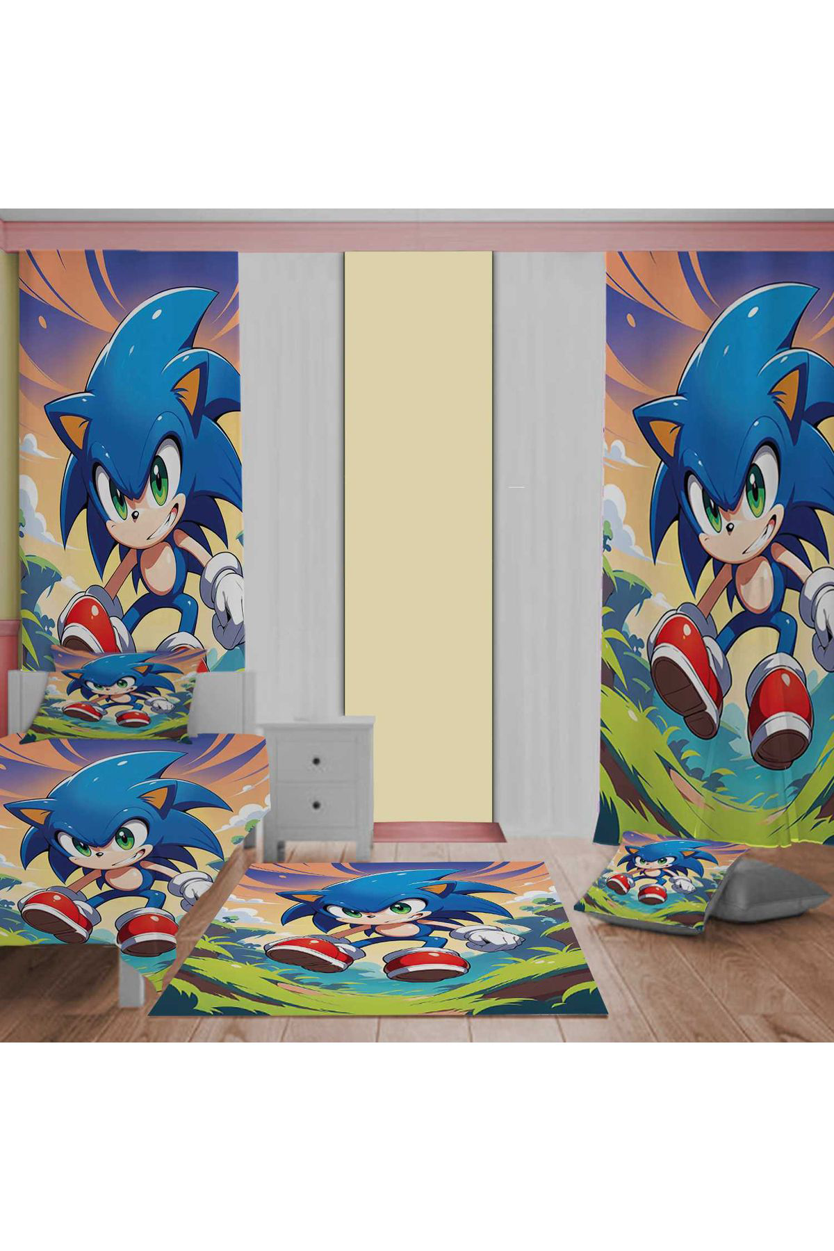 Evan Home Sonic 3D Baskılı  Desen Çocuk Odası Takım Perde (İki Kanat),Yatak Örtüsü,Yastık,Kırlent ,Halı,