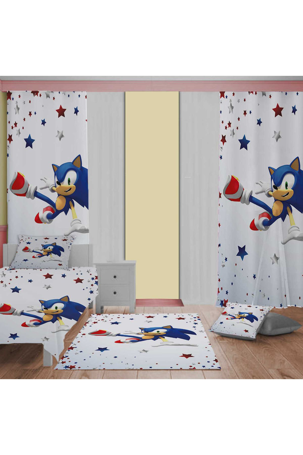 Evan Home Sonic 3D Baskılı  Desen Çocuk Odası Takım Perde (İki Kanat),Yatak Örtüsü,Yastık,Kırlent ,Halı,