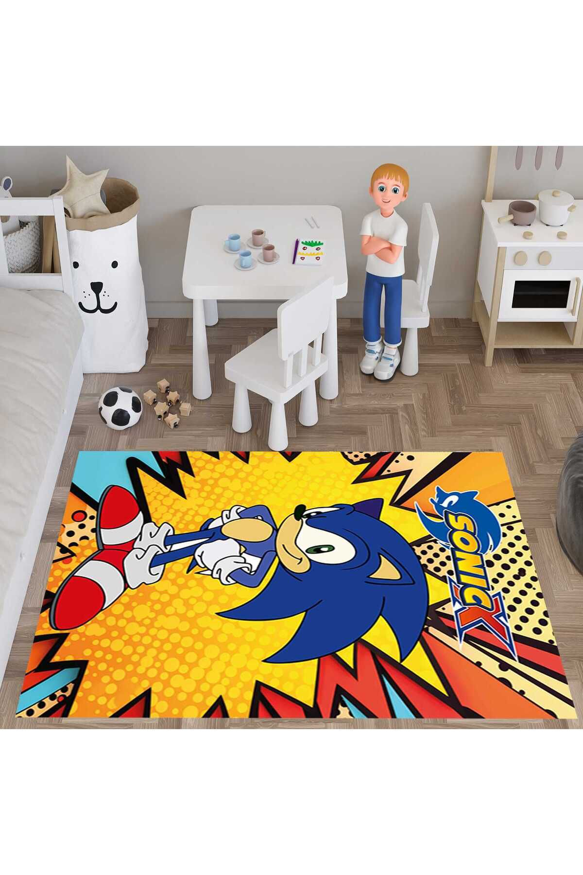 Evan Home Sonic Desen Çocuk Odası Takım Perde (İki Kanat),Yatak Örtüsü,Yastık,Kırlent ,Halı,