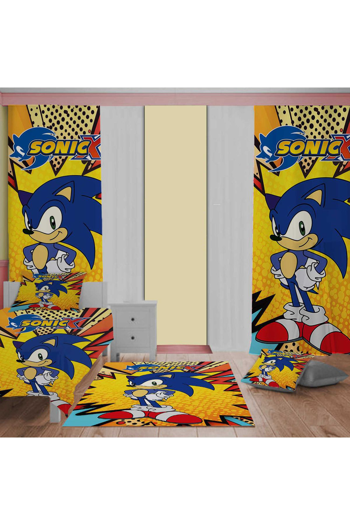 Evan Home Sonic Desen Çocuk Odası Takım Perde (İki Kanat),Yatak Örtüsü,Yastık,Kırlent ,Halı,
