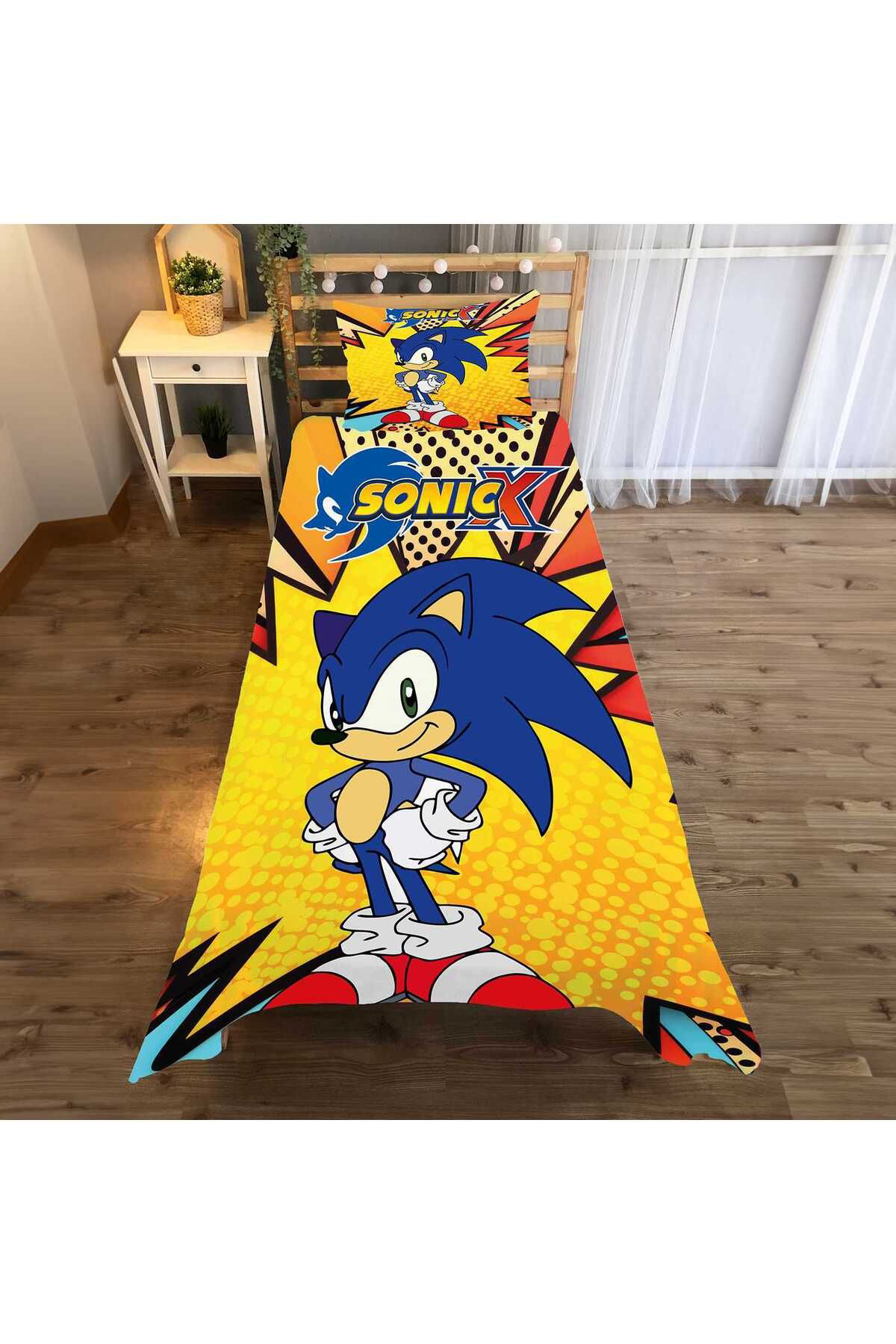 Evan Home Sonic Desen Çocuk Odası Takım Perde (İki Kanat),Yatak Örtüsü,Yastık,Kırlent ,Halı,
