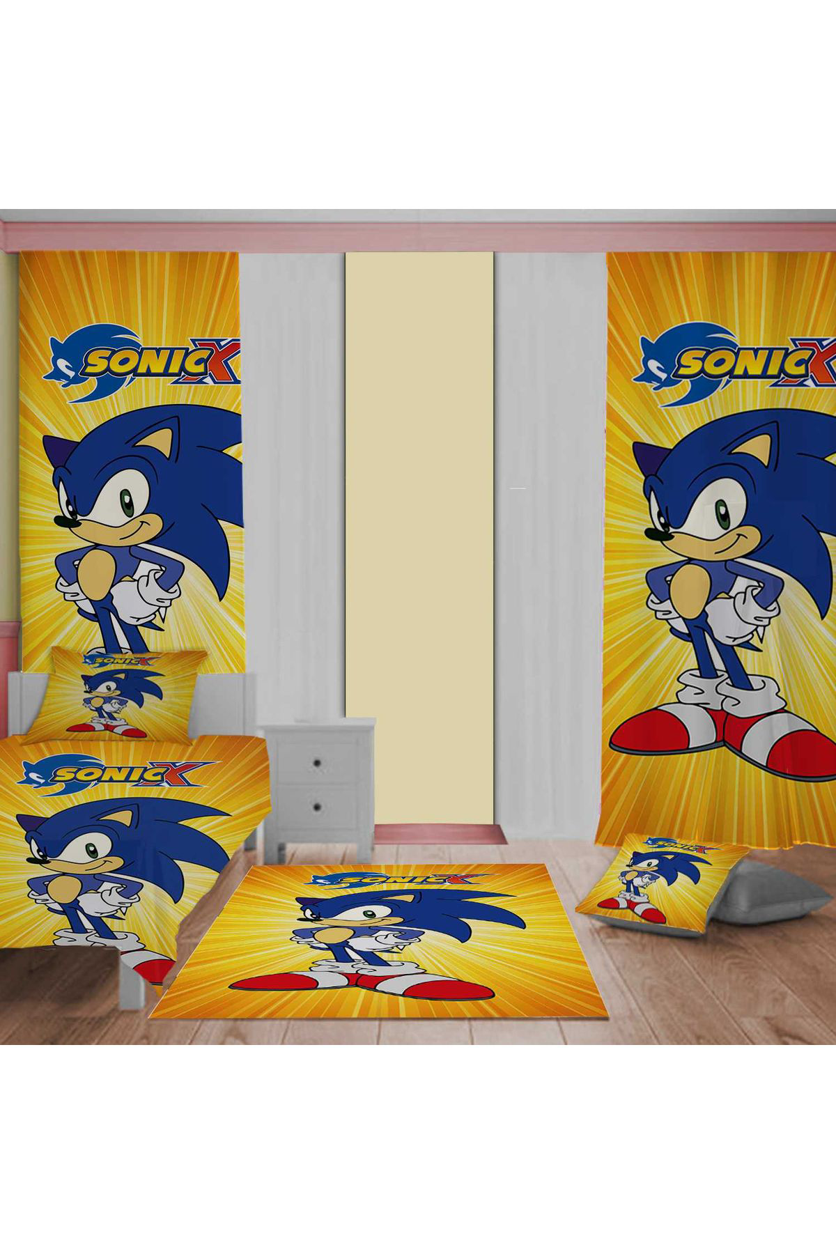 Evan Home Sonic  Desen Çocuk Odası Takım Perde (İki Kanat),Yatak Örtüsü,Yastık,Kırlent ,Halı,