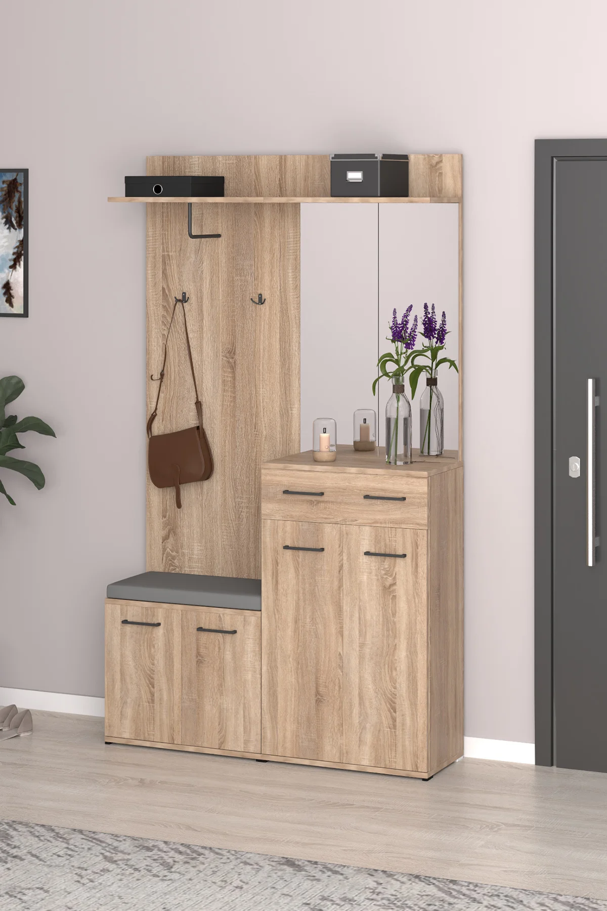 Sonomo Portmanto Vestiyer Askılık Puzzle, Aynalı Dolaplı, Benchli