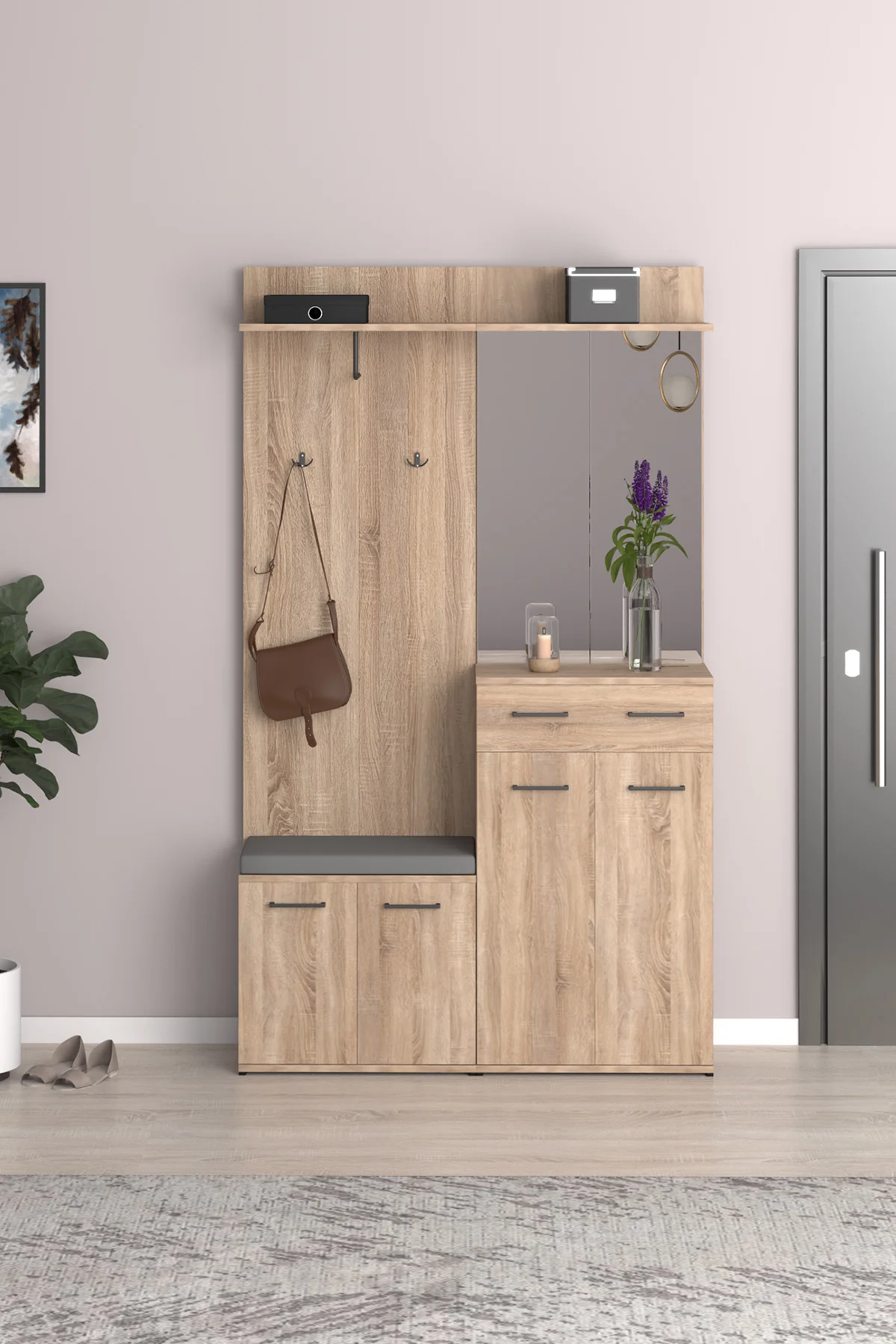 Sonomo Portmanto Vestiyer Askılık Puzzle, Aynalı Dolaplı, Benchli