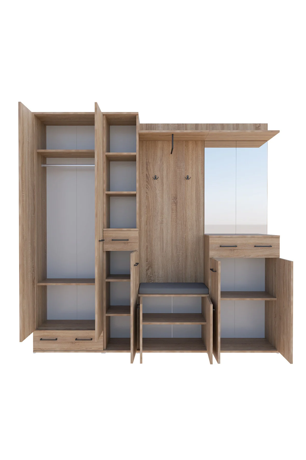Sonomo Portmanto Vestiyer Askılık, Aynalı, Ayakkabılık ve Organizer Bölmeli Arya Puzzle Modeli V-105