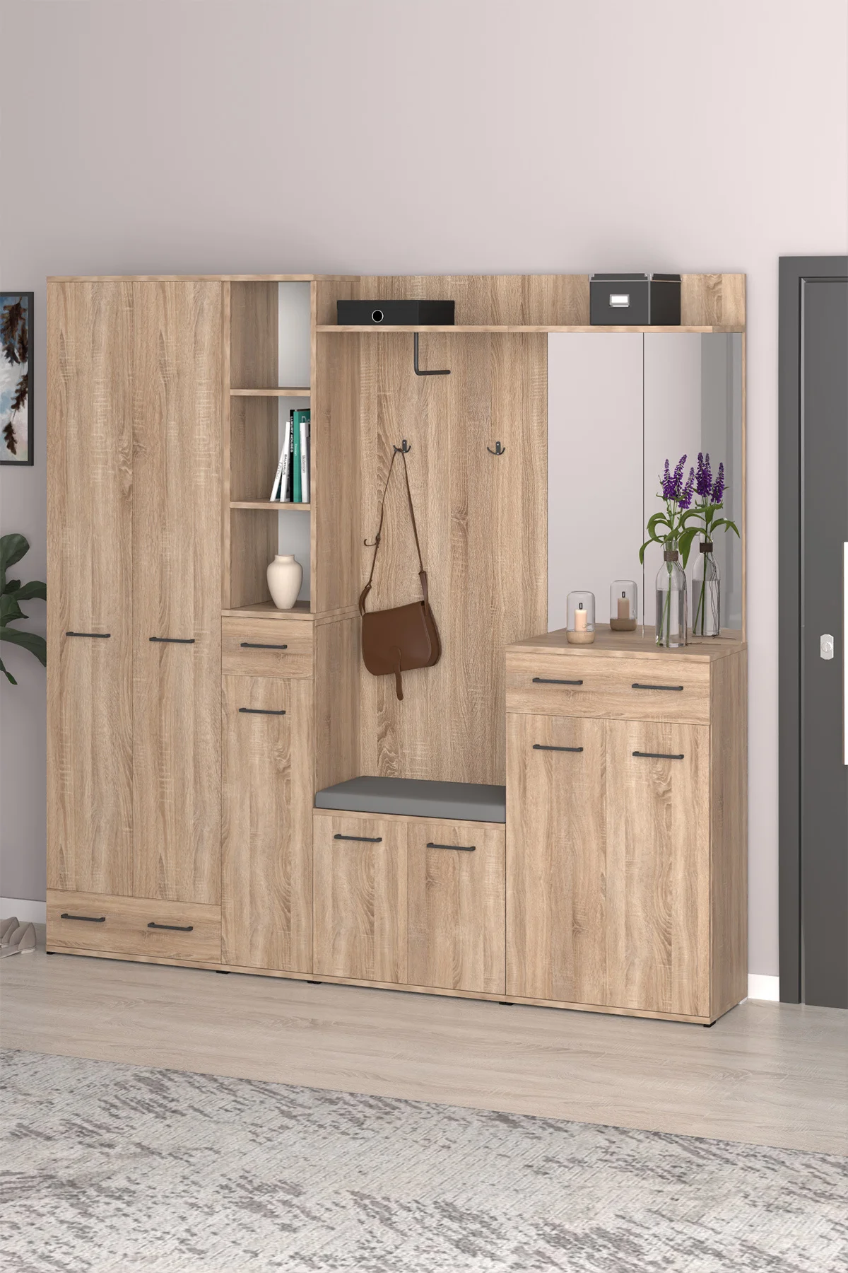 Sonomo Portmanto Vestiyer Askılık, Aynalı, Ayakkabılık ve Organizer Bölmeli Arya Puzzle Modeli V-105