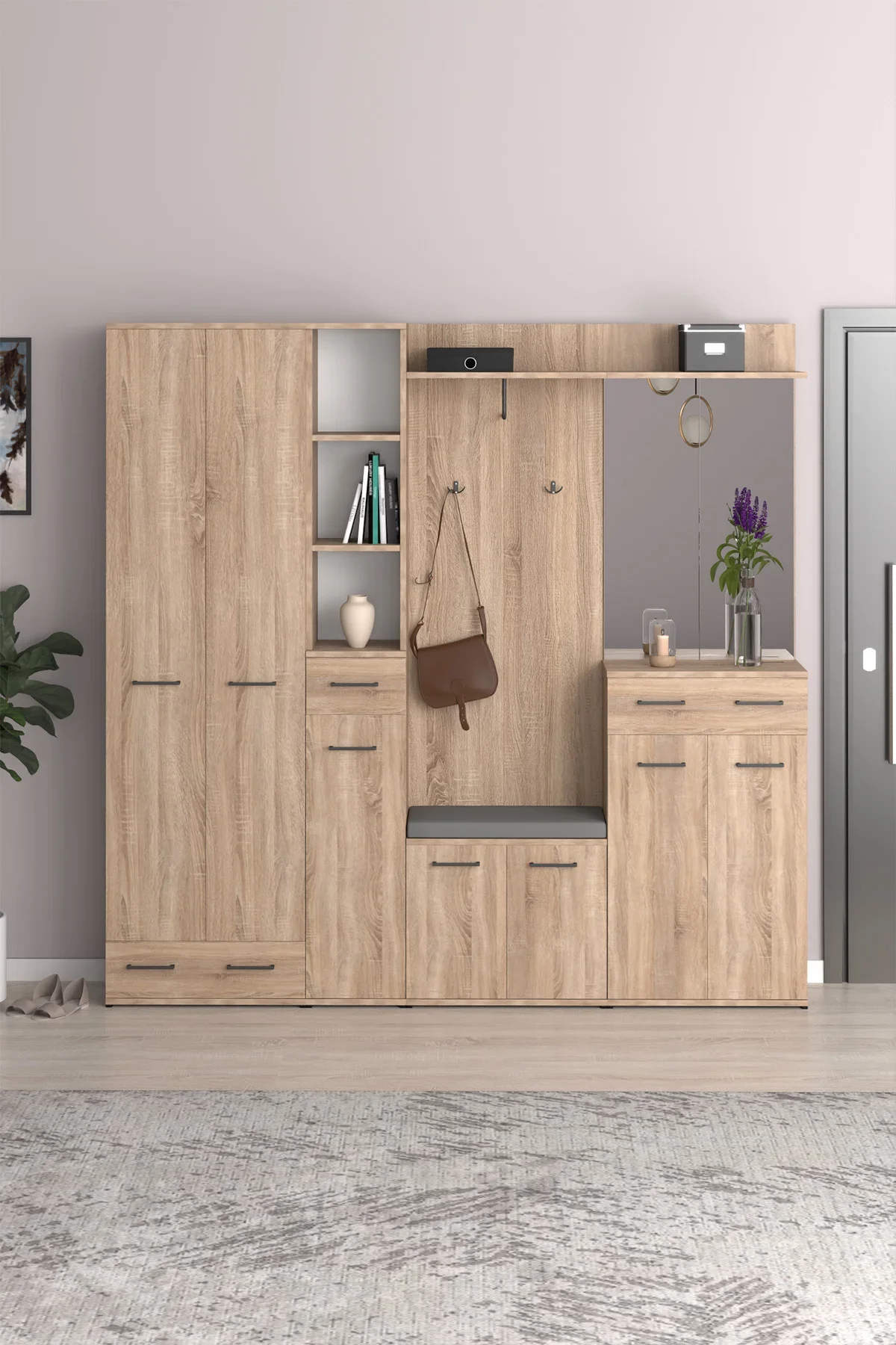 Sonomo Portmanto Vestiyer Askılık, Aynalı, Ayakkabılık ve Organizer Bölmeli Arya Puzzle Modeli V-105 - Görsel 2