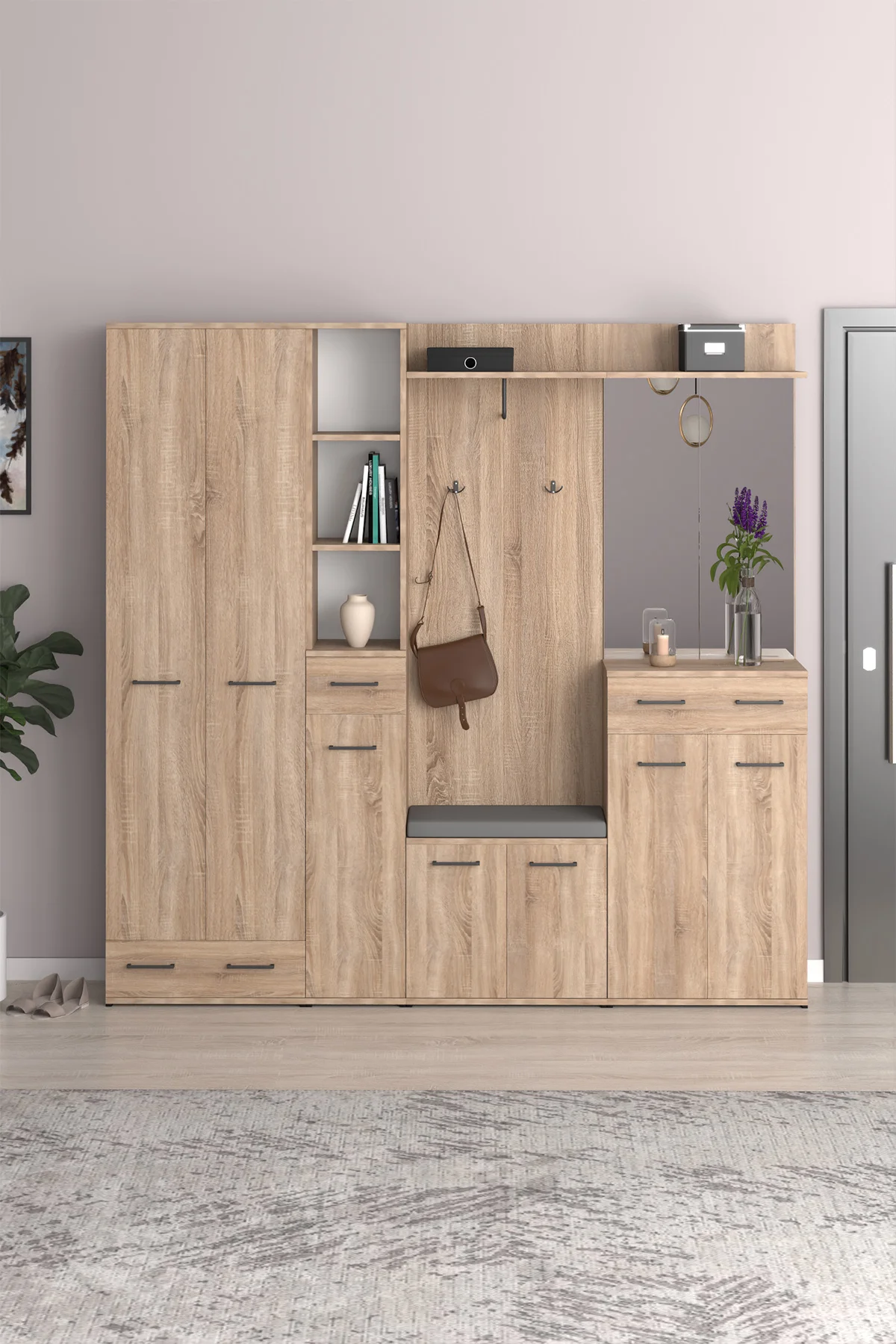Sonomo Portmanto Vestiyer Askılık, Aynalı, Ayakkabılık ve Organizer Bölmeli Arya Puzzle Modeli V-105
