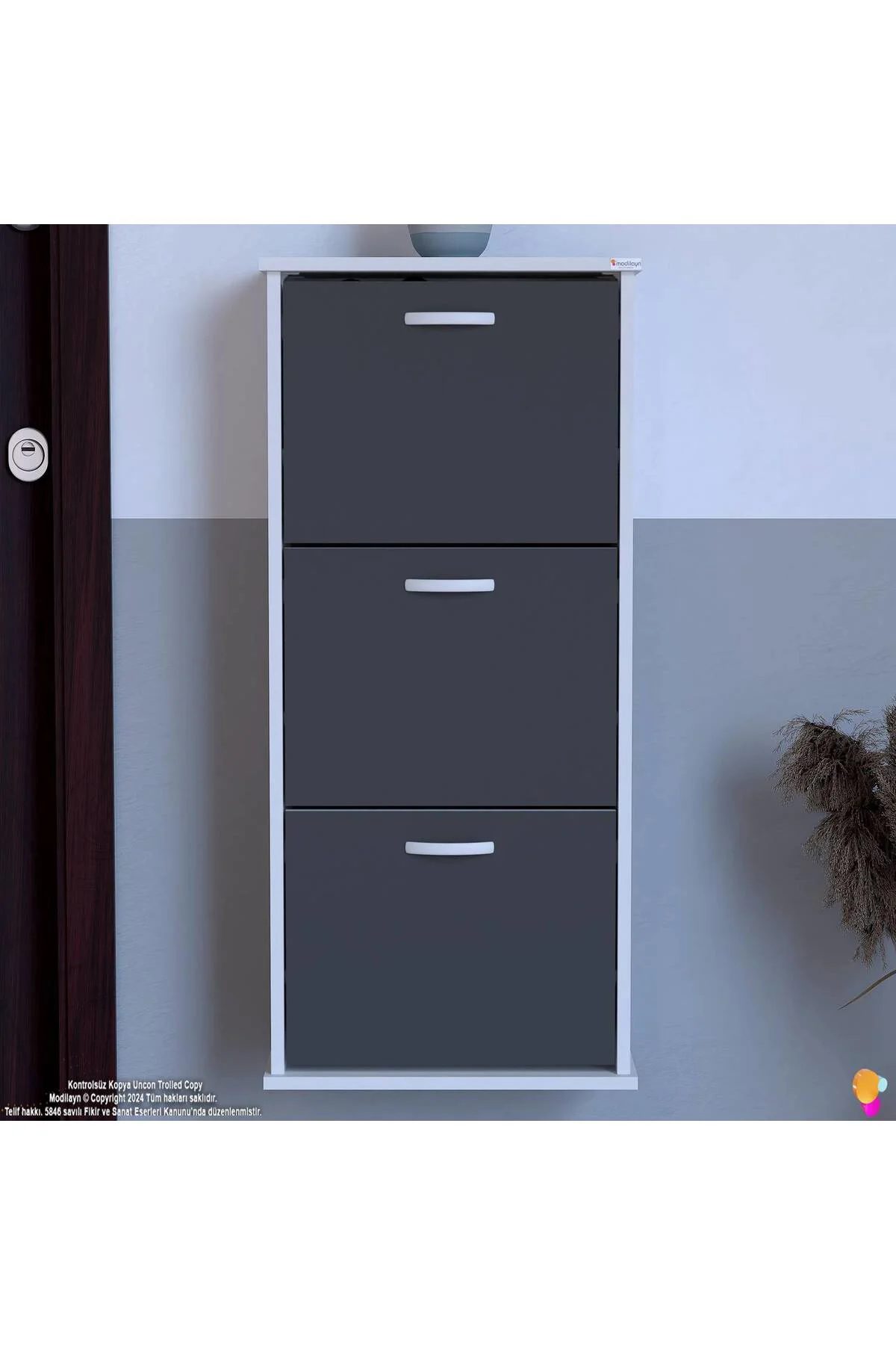 Soren 3 Düşer Kapaklı 52 cm Antrasit Ayakkabılık 52x114x26 cm Asm