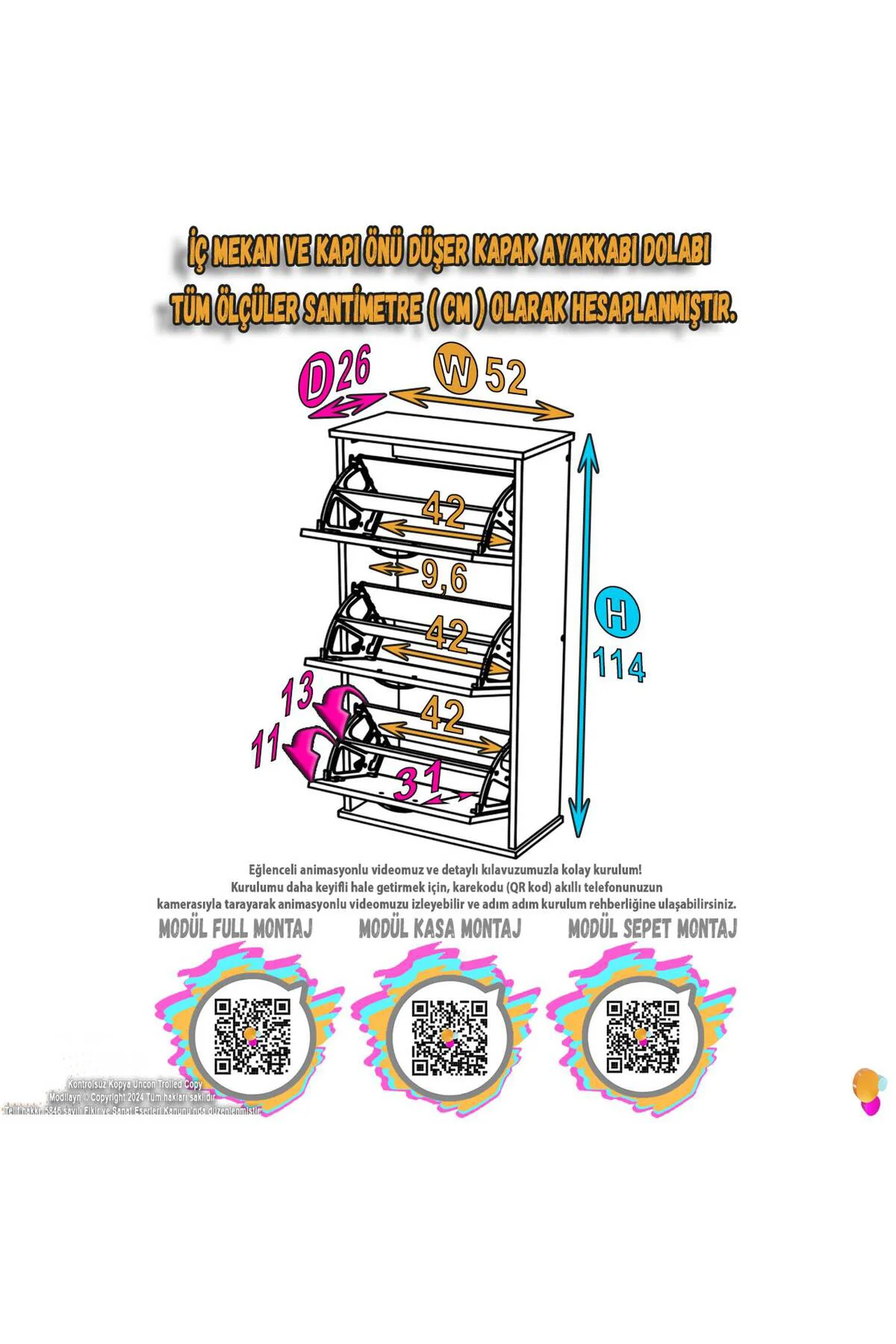 Soren 3 Düşer Kapaklı 52 cm Antrasit Ayakkabılık 52x114x26 cm Asm