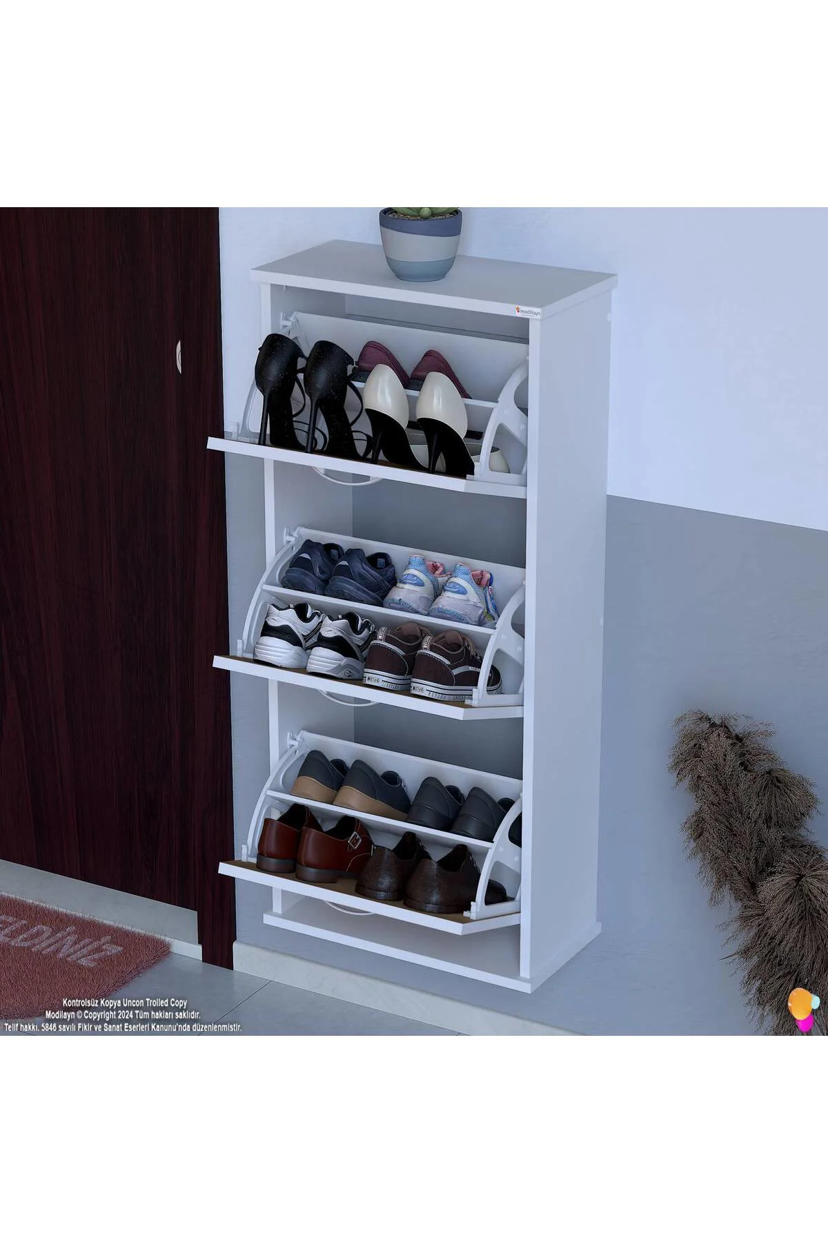 Soren 3 Düşer Kapaklı 52 cm Meşe Ayakkabılık 52x114x26 cm Asma 6 