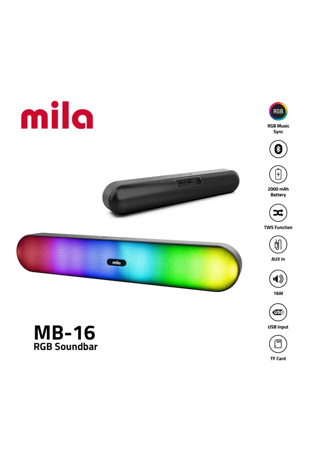 Soundbar MB-16 Serisi, RGB Işıklı Bluetooth Hoparlör