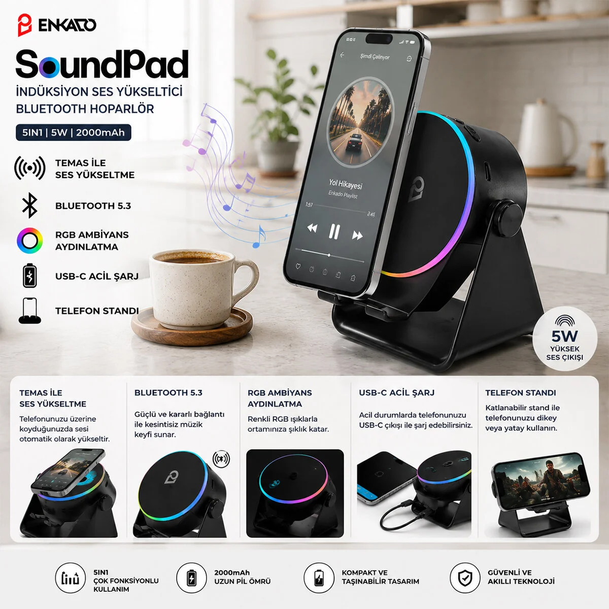SOUNDPAD 5IN1 - 5W - 2000mAh TEMAS İLE SES YÜKSELTME - TELEFON STAND - USB-C ŞARJ SİYAH İNDİKSİYON SES YÜKSELTİCİ BLUETOOTH HOPARLÖR SPEAKER EKD-S10