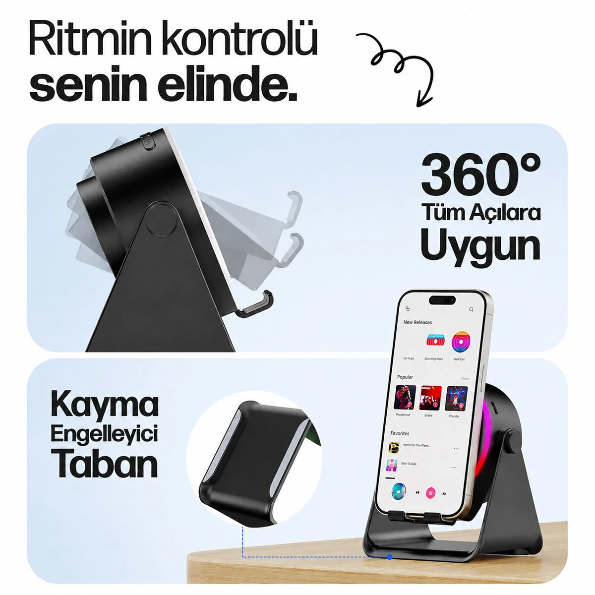 SOUNDPAD 5IN1 - 5W - 2000mAh TEMAS İLE SES YÜKSELTME - TELEFON STAND - USB-C ŞARJ SİYAH İNDİKSİYON SES YÜKSELTİCİ BLUETOOTH HOPARLÖR SPEAKER EKD-S10