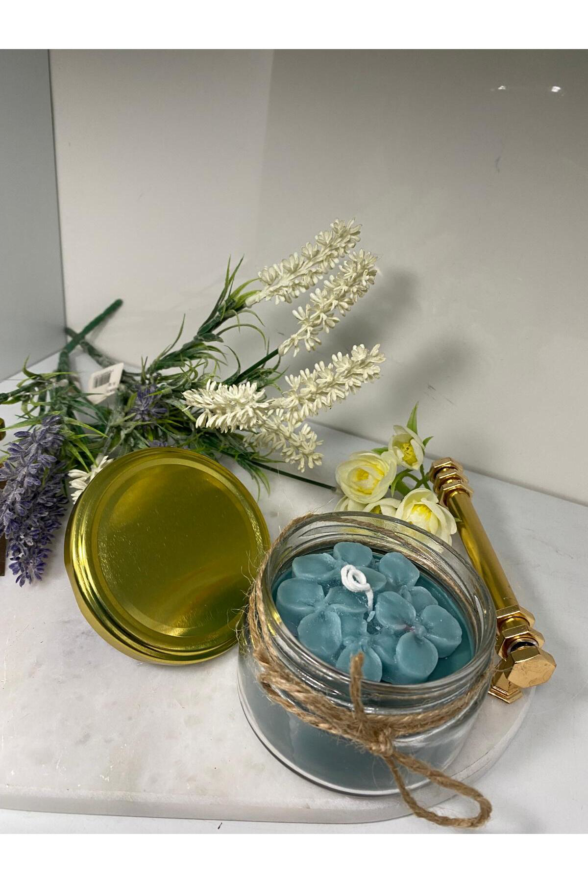 Elif Aksesuar Soya Wax Dekoratif Kapaklı Kavanozda Mum Çiçekli(Kokulu)